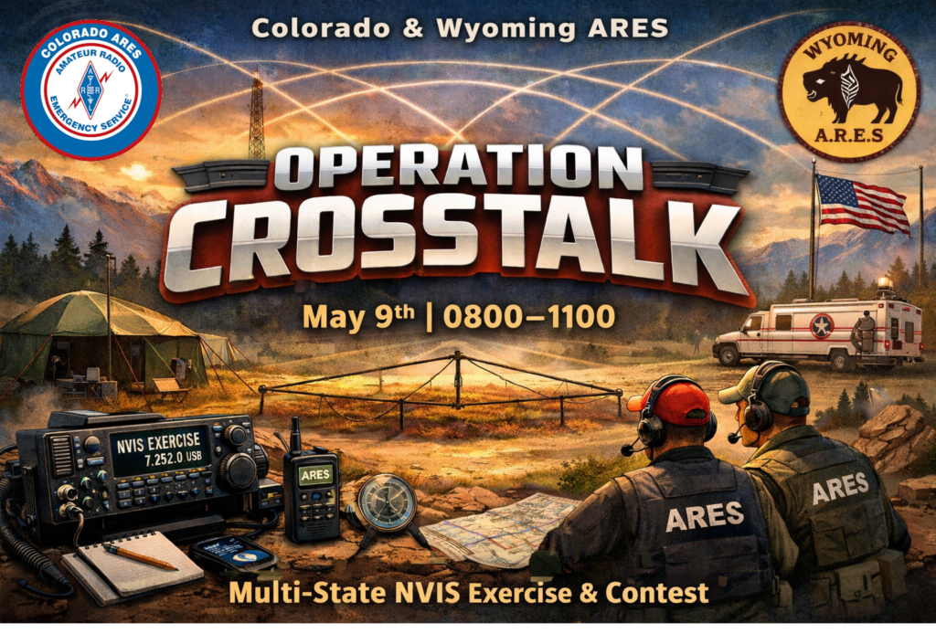 A high-impact, cinematic website hero image promoting “Operation Crosstalk,” a multi-state ARES NVIS exercise and contest. The scene is set in a rugged Rocky Mountain landscape at early morning (sunrise glow, warm golden light). In the foreground, two Amateur Radio Emergency Service (ARES) operators wearing tactical vests labeled “ARES” are seated at a portable field station with realistic HF radios, microphones, logbooks, and headsets.

The primary HF radio display is clearly visible and reads a realistic amateur radio frequency with “LSB” mode (not USB), glowing softly on the screen. The radio includes detailed knobs, signal meter, and labeling consistent with field equipment.

A clearly visible NVIS antenna setup (low horizontal dipole supported by short masts) spans the mid-ground, with subtle radio wave arcs visualized bouncing off the ionosphere overhead to illustrate NVIS propagation. Include additional emergency communications elements such as a portable generator, antenna tuner, coax cables, and a rugged communications case.

In the background, include subtle visual cues representing Colorado and Wyoming (mountain silhouettes, open plains, and state-themed patches or insignia—not official logos). Include a support vehicle or emergency comms trailer.

Prominently feature bold, modern, metallic-style typography:
“OPERATION CROSSTALK”
“Colorado & Wyoming ARES”
“Multi-State NVIS Exercise & Contest”
“May 9th | 0800–1100”

Style: ultra-detailed, photorealistic, cinematic lighting, high contrast, sharp focus, depth of field, dramatic sky, slight lens flare. Composition optimized for a website banner (wide format), with clean space for text readability. No clutter, professional and inspiring tone.